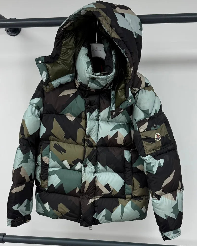 Moncler down jacket in a mountain camo print