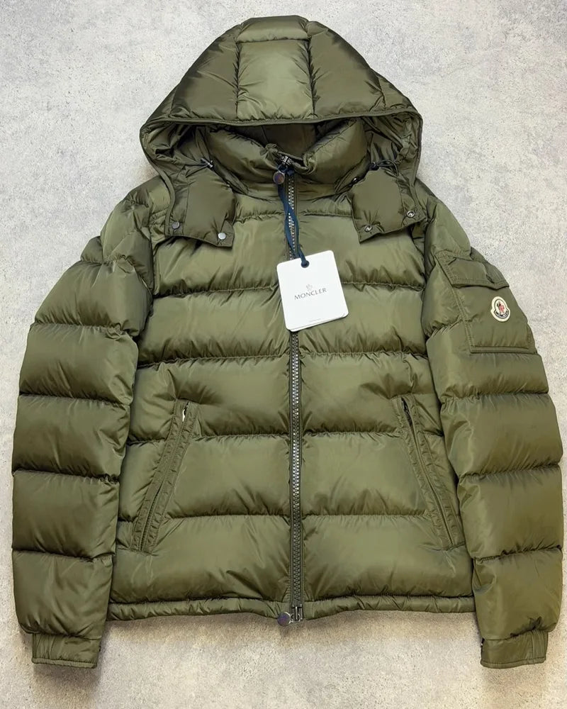 Olive green Moncler down jacket with tags